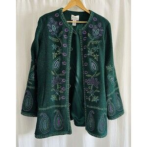 Linea Louis Dell Olio Jacket Sz XL Green Embroidered Wool Blend Boho QVC Grunge